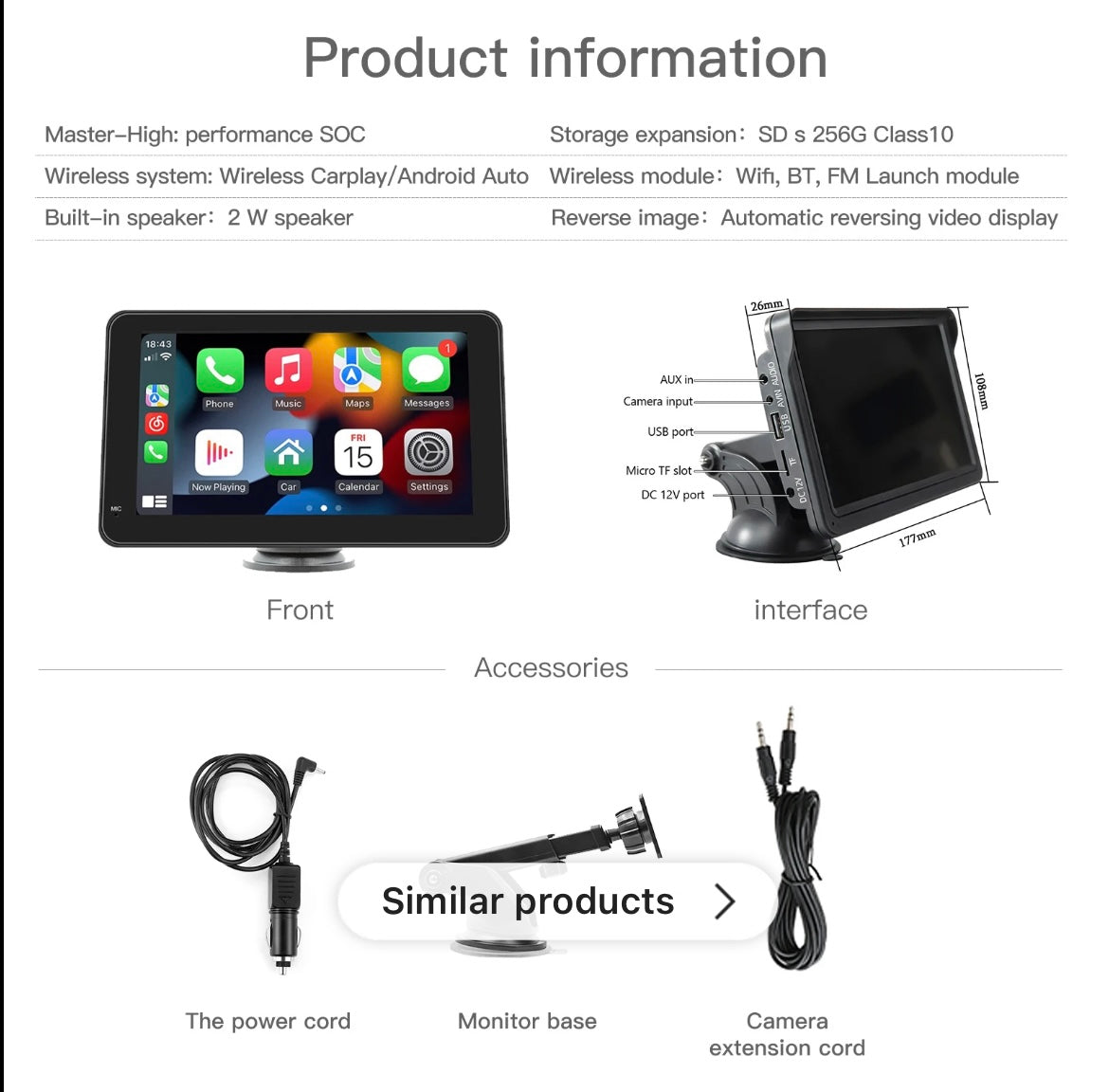 7-Inch Portable Apple CarPlay & Android Auto Touchscreen with Optional Reverse Camera