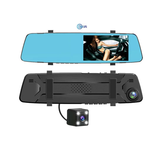 Dual Lens Car Mirror with Integrated Dash Cam, Optional Reverse Camera, 4.5-Inch Screen &amp; 64GB Memory Card