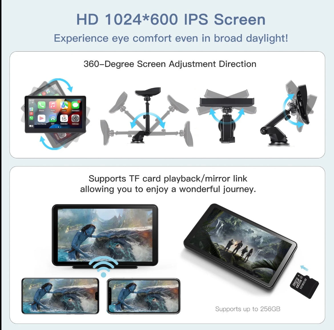 7-Inch Portable Apple CarPlay & Android Auto Touchscreen with Optional Reverse Camera